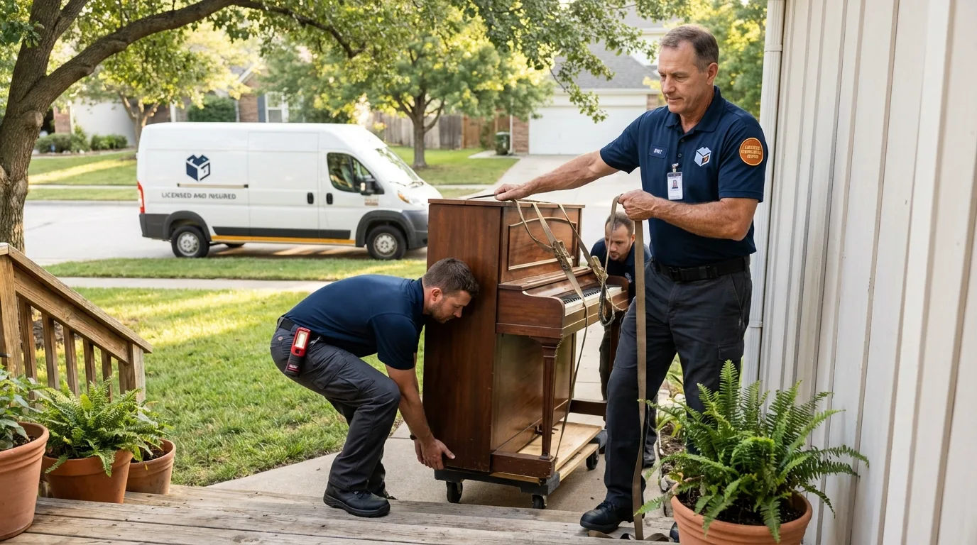 Licensed piano movers securing grand piano in Springfield, VA