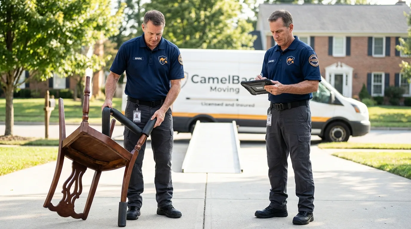 Movers inspecting furniture for damage prevention before loading in Springfield, VA