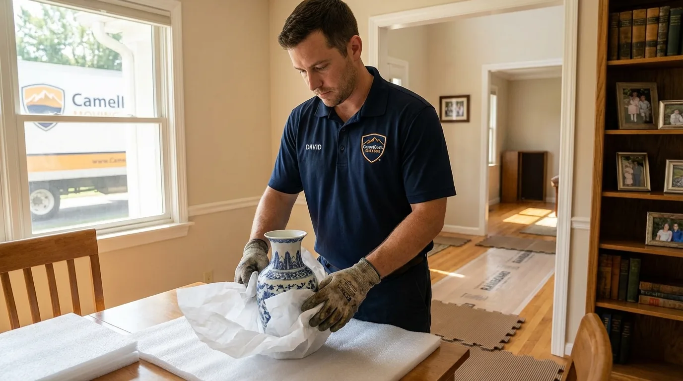 Professional crew carefully wrapping antique vase for senior downsizing move in Springfield, VA